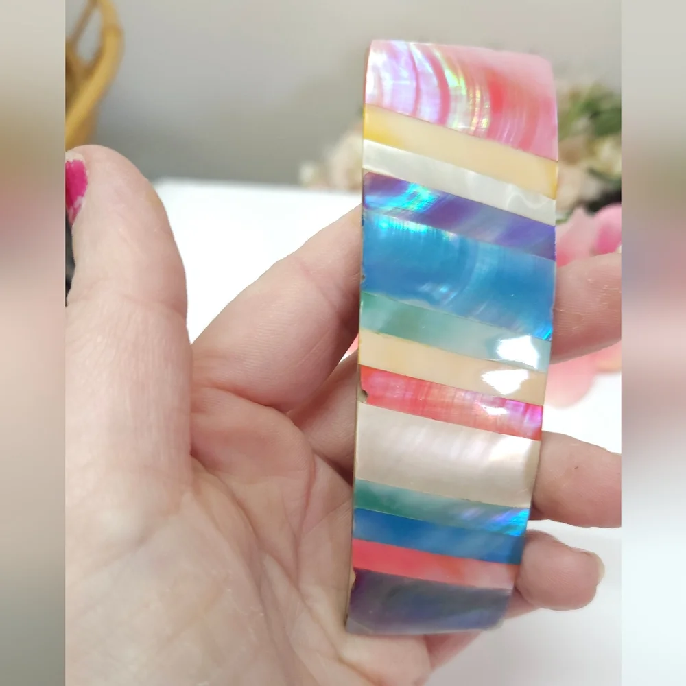 Vintage Rainbow Mother of Pearl Inlay Brooch Statement Brooch